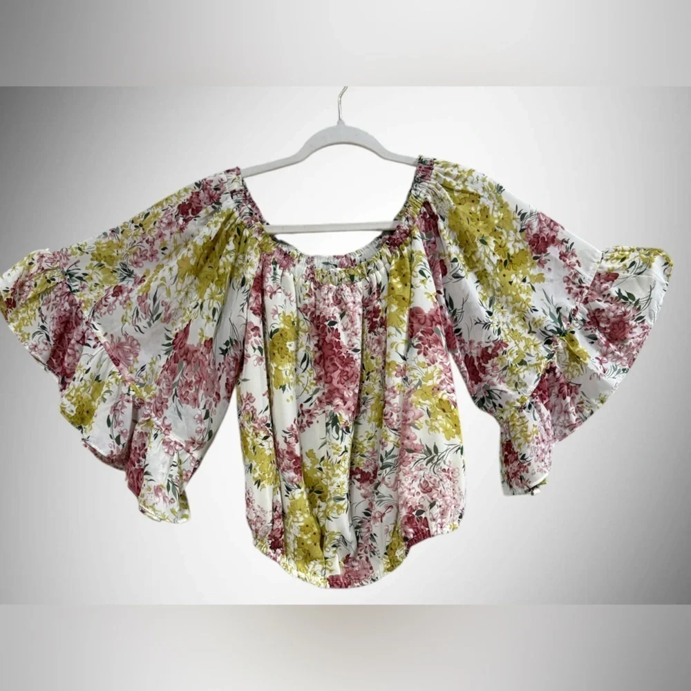 eesome brand women's blouse with floral pattern off-the-shoulder neckline Small - Picture 3 of 11